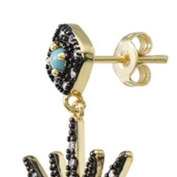 14K Gold Turquoise Crystal Black Star Dangle Drop Earrings ~ RETAIL $475 - Picture 4 of 6